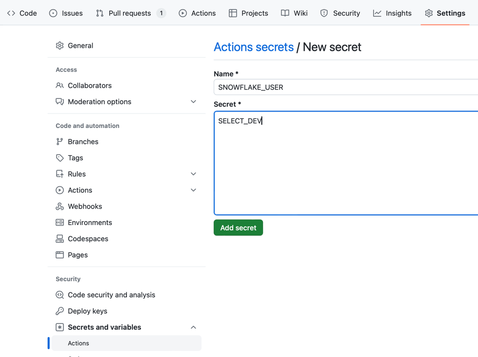 Snowflake terraform github actions secrets