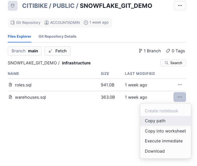 SELECT Snowflake Git Integration