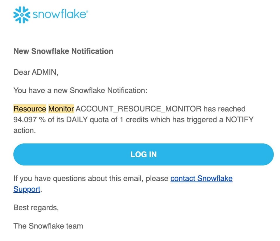 Snowflake resource monitor email notification
